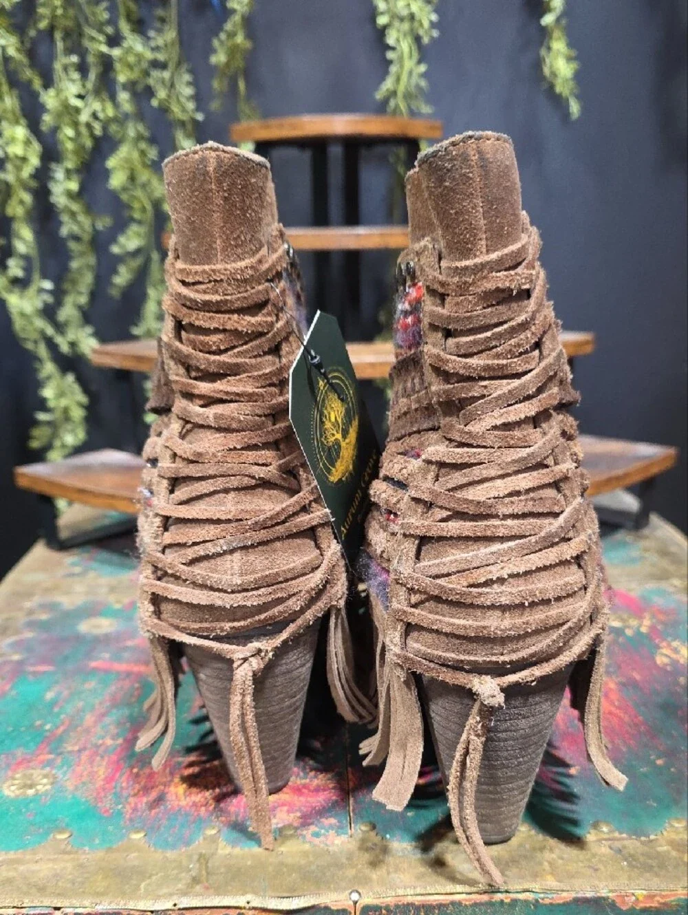 Naughty Monkey Brown Suede Fringe Ankle Boots with Multicolor Yarn Trim